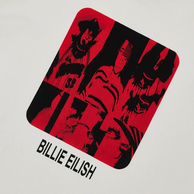 Detailed view of the red-and-black collage print on the Billie Eilish Thermal Photo Tee, featuring layered images of Billie across different looks, with her name printed in black. Striking graphic tee design with vintage photo-booth vibes.