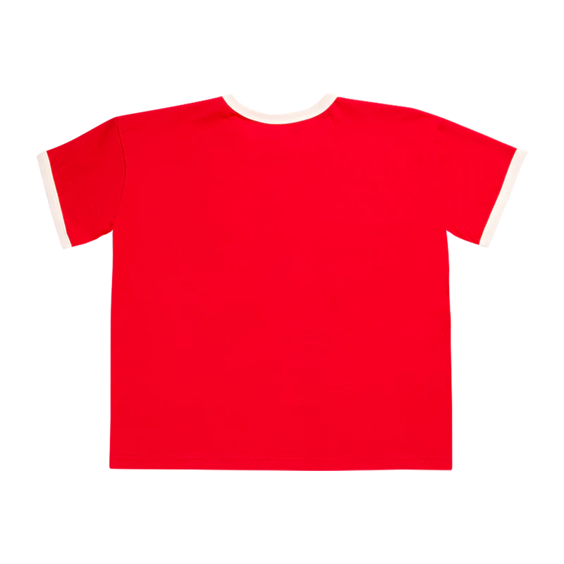 Back view of the red Billie Eilish ringer T-shirt showing a clean design with no print, white collar and sleeve accents. Minimalist from the back, graphic from the front — part of Billie’s unique merch line.