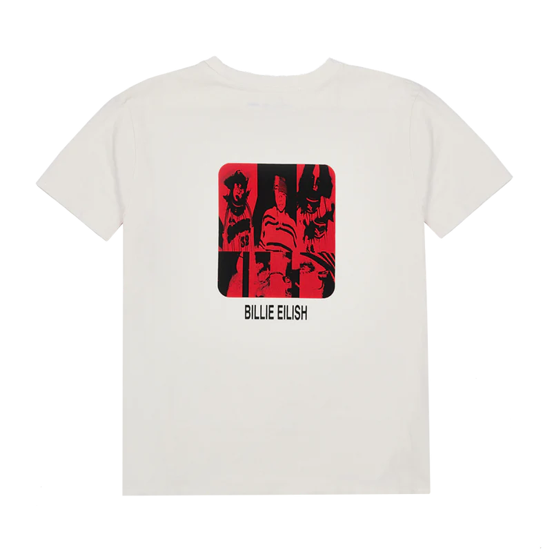 Flat-lay of the Billie Eilish Thermal BE Collage Photo Tee in off-white, showcasing a square red-and-black collage of Billie with vertical “BILLIE EILISH” text beneath. Official Billie Eilish merch capturing her evolution through a bold graphic.