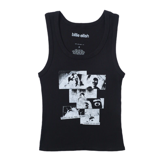 Black Billie Eilish anniversary tank top featuring a distressed grayscale collage of eerie facial images with the text “WHEN WE ALL FALL ASLEEP, WHERE DO WE GO?” across the bottom. Official limited-edition merch honoring Billie’s debut album.

