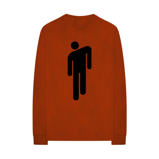 Dark orange Billie Eilish long sleeve tee featuring a bold black Blohsh logo—her signature slouched stick figure icon—centered on the front. A minimal yet iconic design from Billie’s classic merch line with a streetwear edge.

