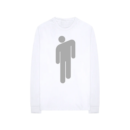 White Billie Eilish long sleeve shirt featuring the minimalist Blohsh logo in light gray centered on the front. A clean, monochrome design from her signature merch line, perfect for subtle streetwear style.

