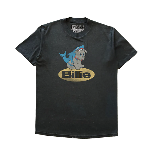 Black Billie Eilish x Lost Love tee featuring a playful cartoon puppy wearing a shark costume above a metallic gold "Billie" logo in an oval. Fun, quirky Billie Eilish merch made from sustainable reworked materials.

