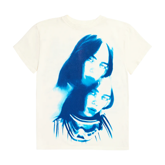 Front view of the Billie Eilish Photo Tour Tee featuring a striking double exposure portrait of Billie in vivid electric blue on an off-white shirt. A fan-favorite merch item from the "Hit Me Hard and Soft" tour drop.

