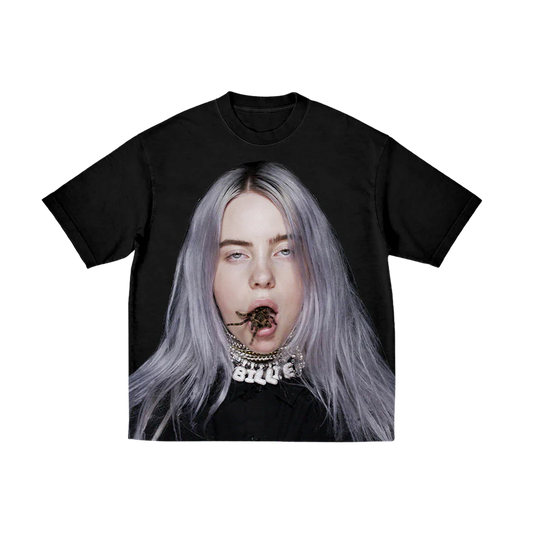 Black Billie Eilish T-shirt featuring a bold, hyper-realistic photo of Billie with silver hair and a tarantula crawling out of her mouth, paired with a chunky “BILLIE” necklace. Edgy, iconic graphic tee from her early merch era known for shock visuals and bold styling.

