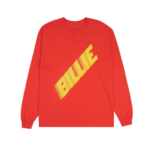 Red Billie Eilish long sleeve shirt featuring a bold diagonal yellow racer-style logo that reads “BILLIE” with a streaked motion effect. A high-energy, graphic-heavy design inspired by motorsport aesthetics and streetwear culture.

